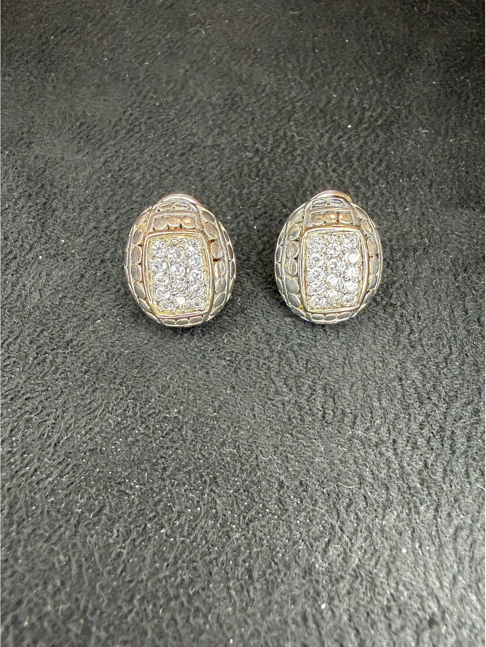 925 Sterling Silver Pave CZ Oval Dome Stud Earrings Two Tone Gold